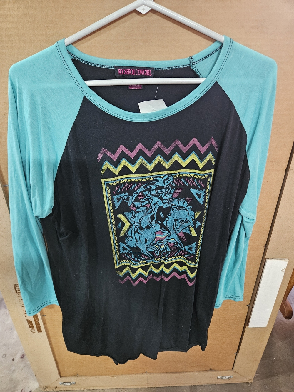 Rock & Roll Cowgirl Black Tee with Teal Raglan Sleeves and Western Graphic